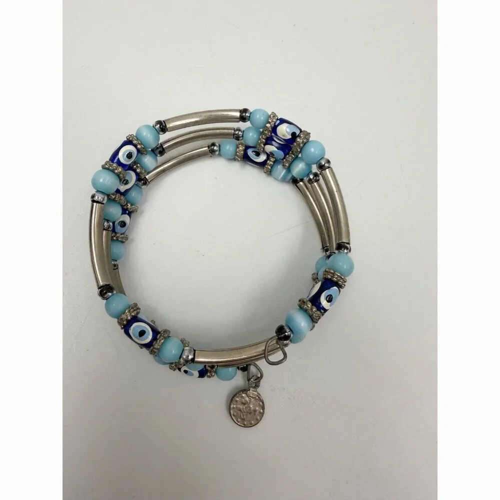 Vintage Silver Tone Layer Blue  Round & Barrel Beaded Bracelet